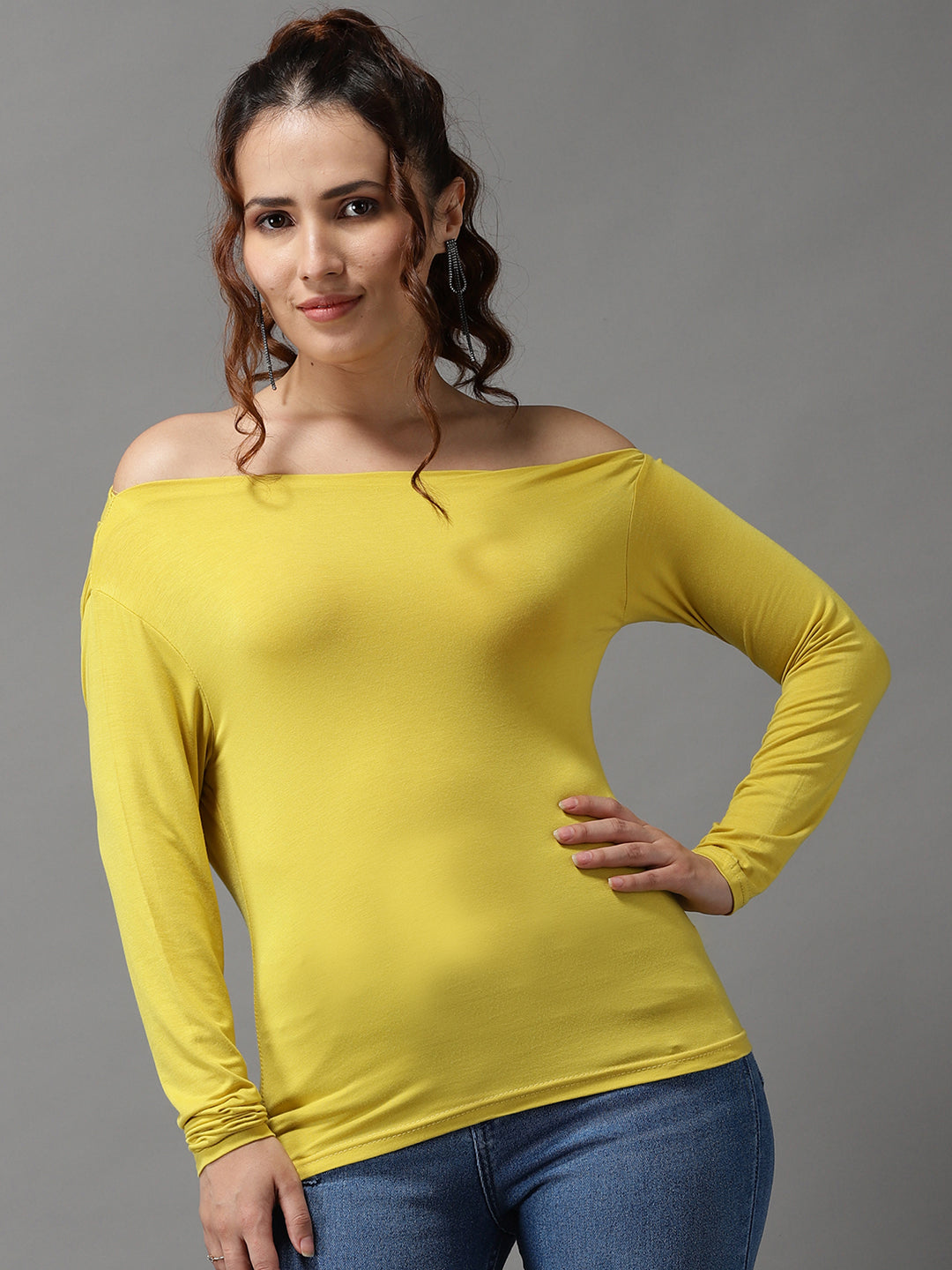 Women One Shoulder Solid Yellow Fitted Top