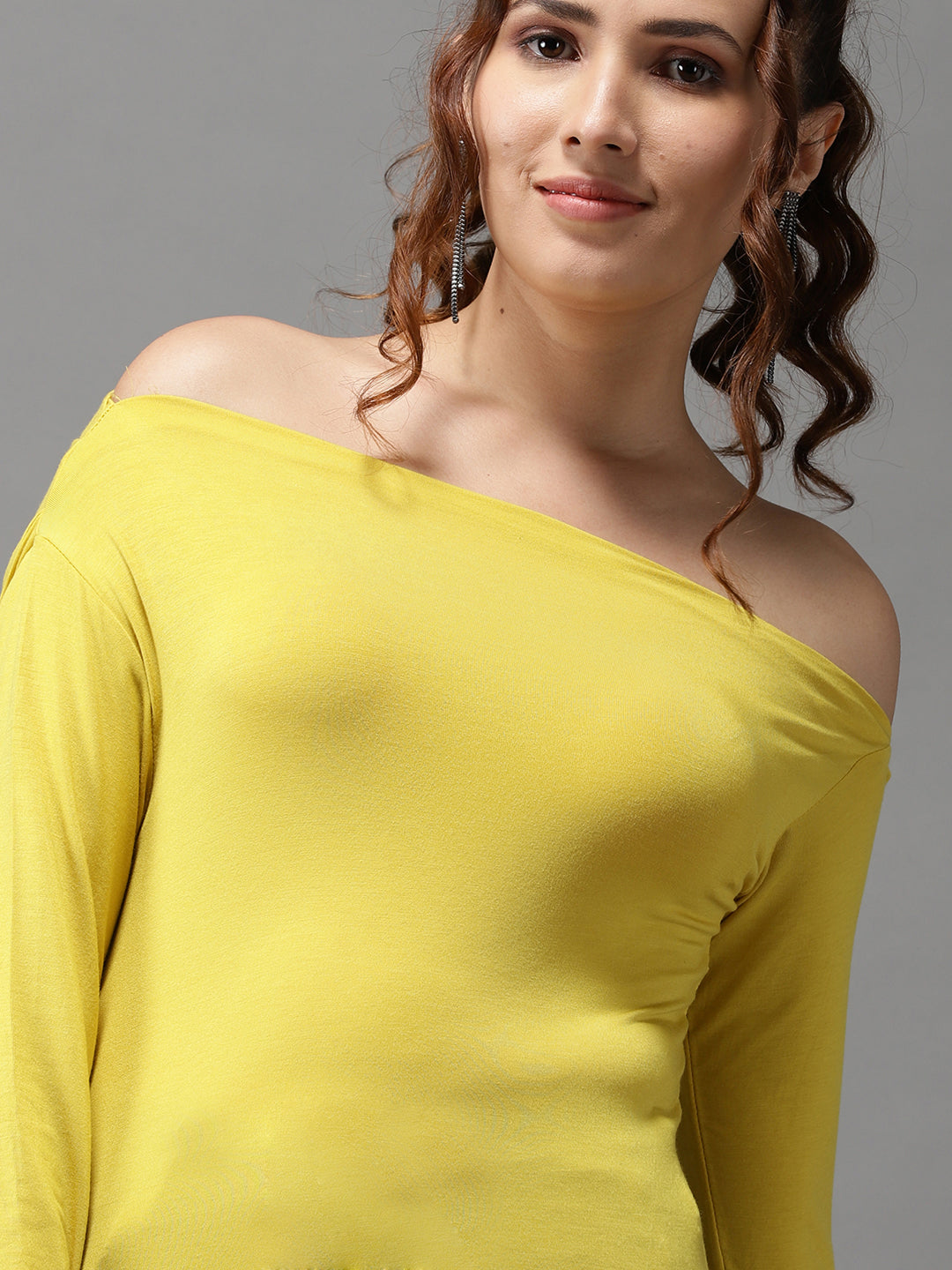 Women One Shoulder Solid Yellow Fitted Top