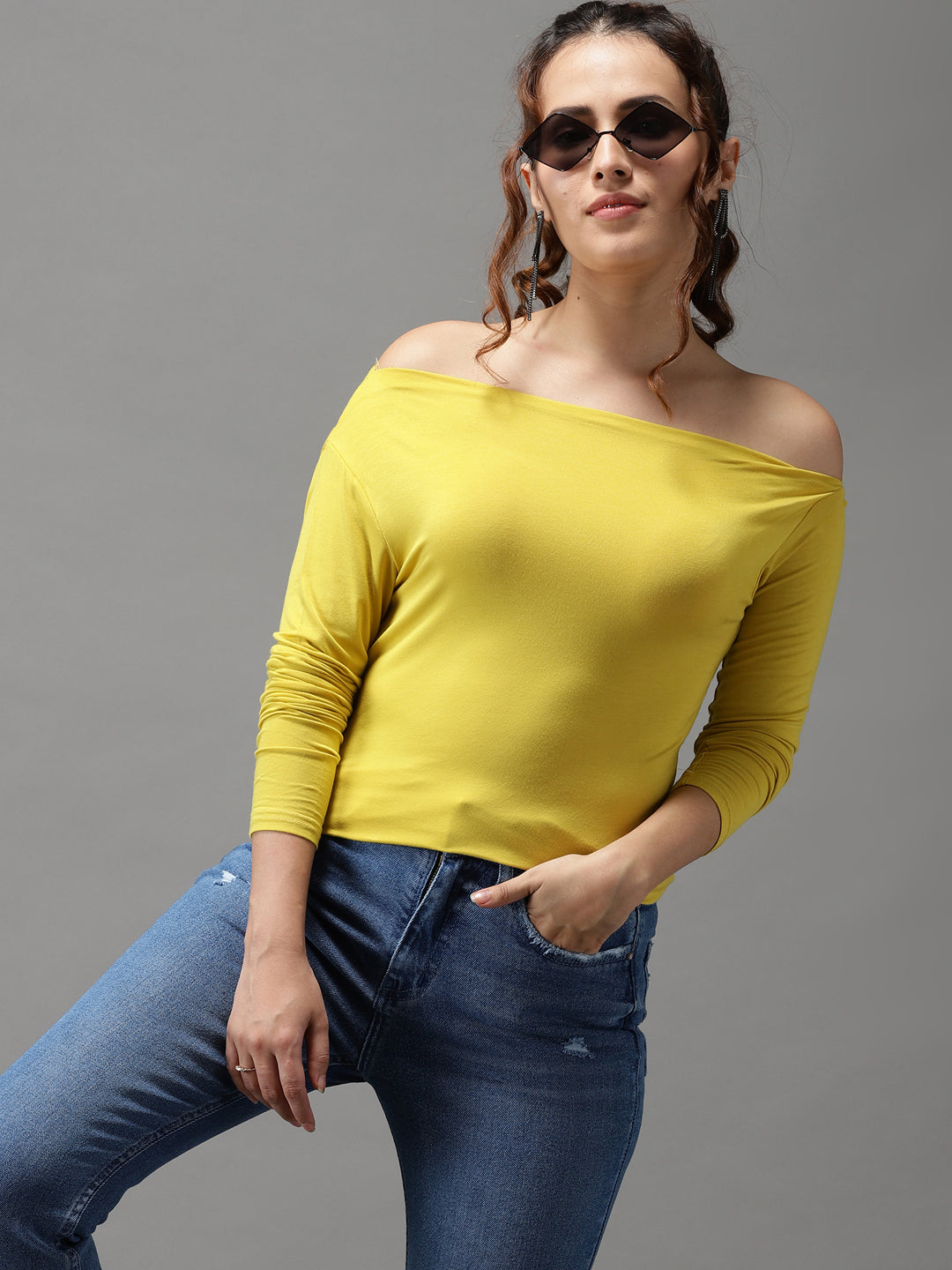 Women One Shoulder Solid Yellow Fitted Top