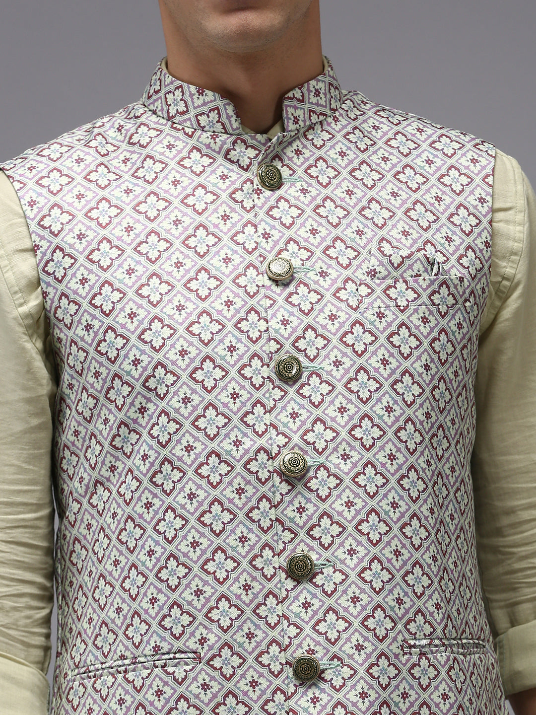 Men Mandarin Collar Printed Fluorescent Green Nehru Jacket