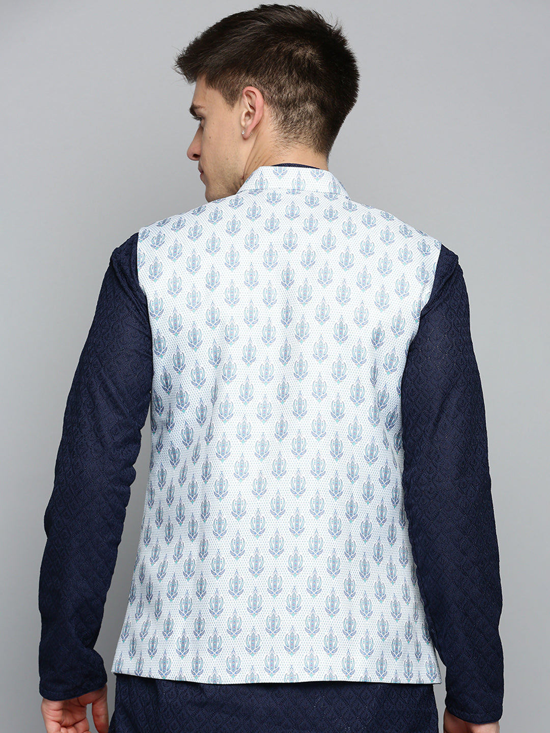 Men Mandarin Collar Printed White Nehru Jacket