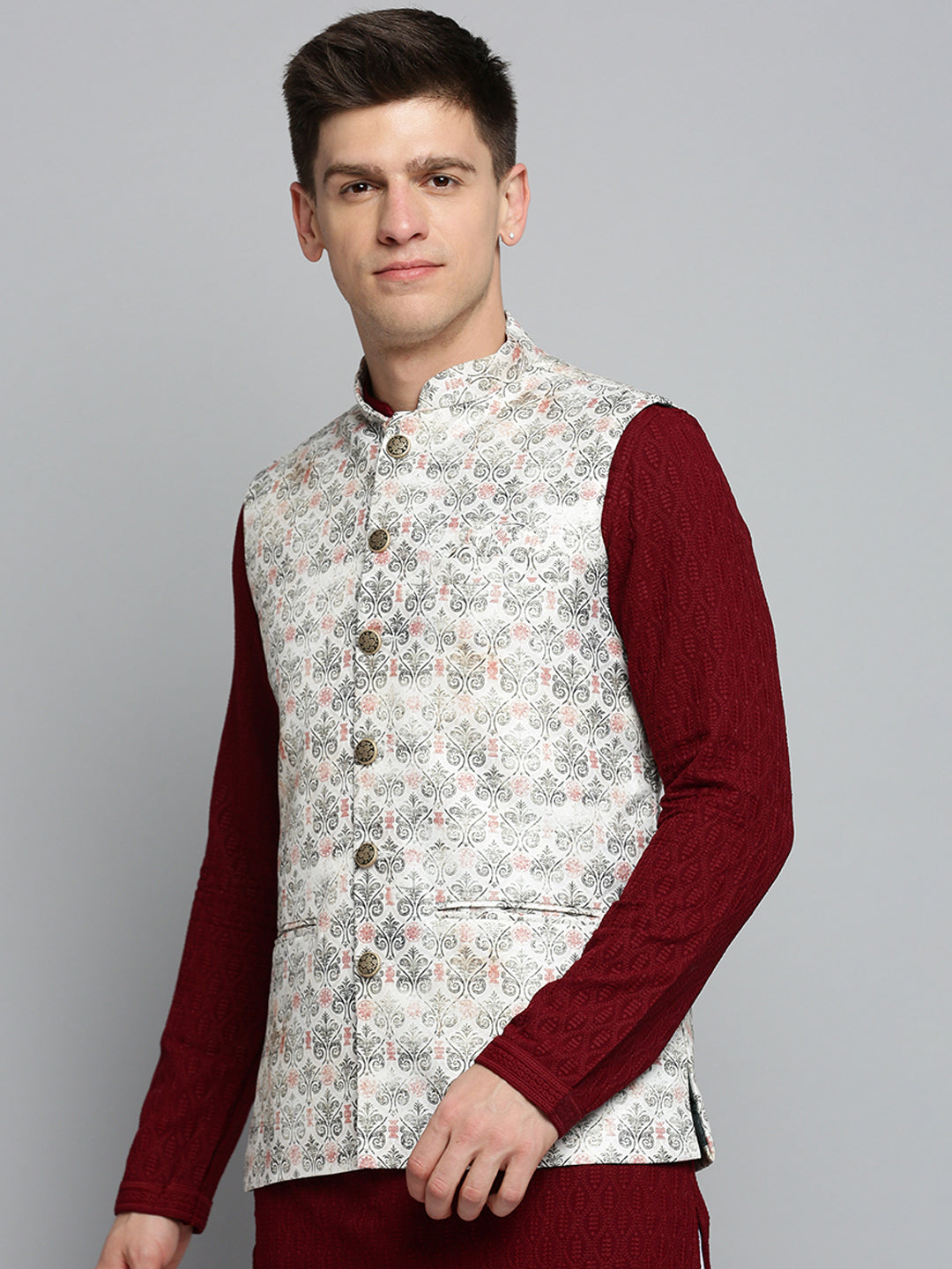 Men Mandarin Collar Printed Cream Nehru Jacket