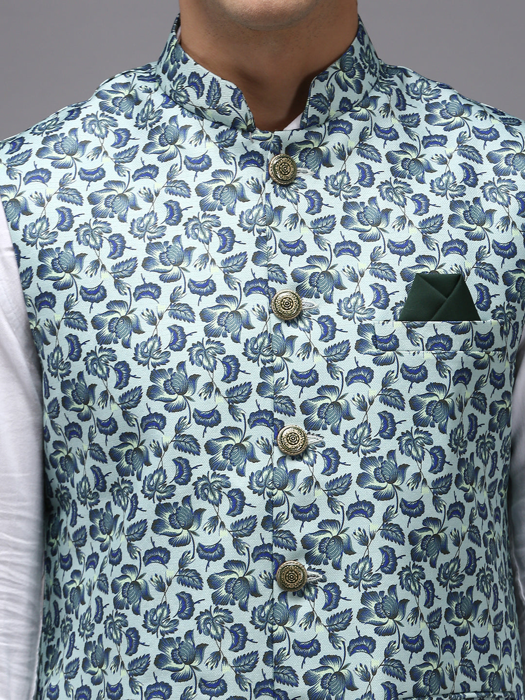 Men Mandarin Collar Printed Sea Green Nehru Jacket