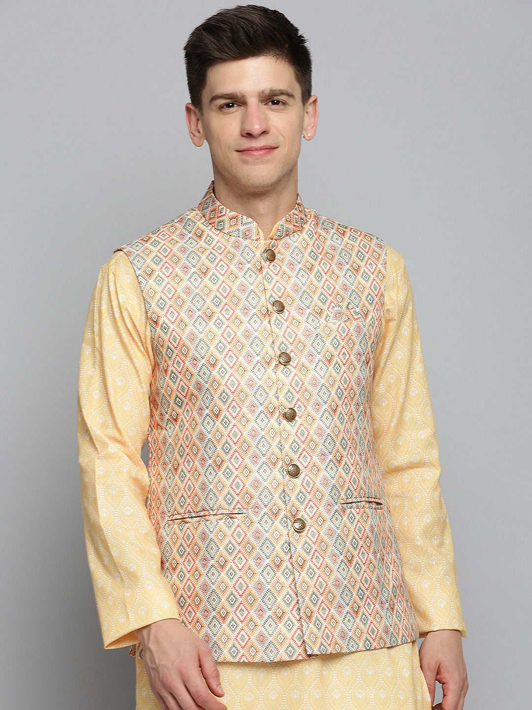 Men Mandarin Collar Printed Multi Nehru Jacket