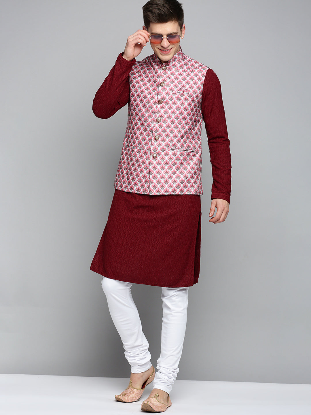 Men Mandarin Collar Printed Magenta Nehru Jacket