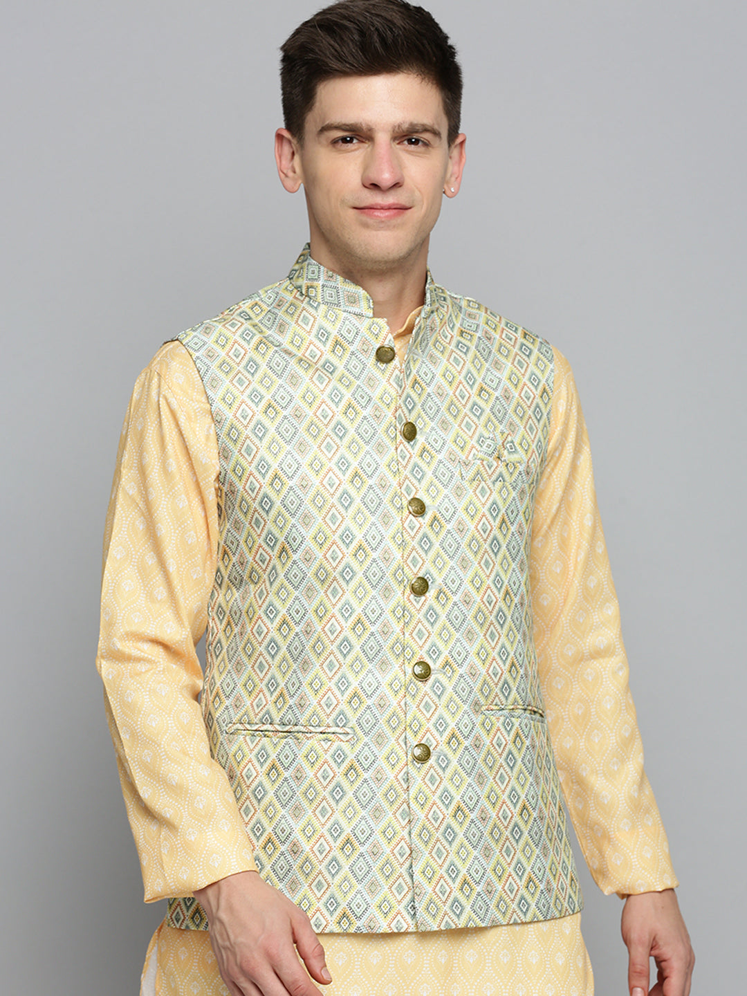 Men Mandarin Collar Printed Lime Green Nehru Jacket