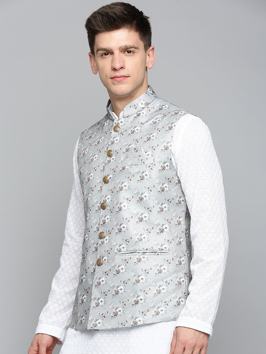 Men Mandarin Collar Printed Grey Nehru Jacket