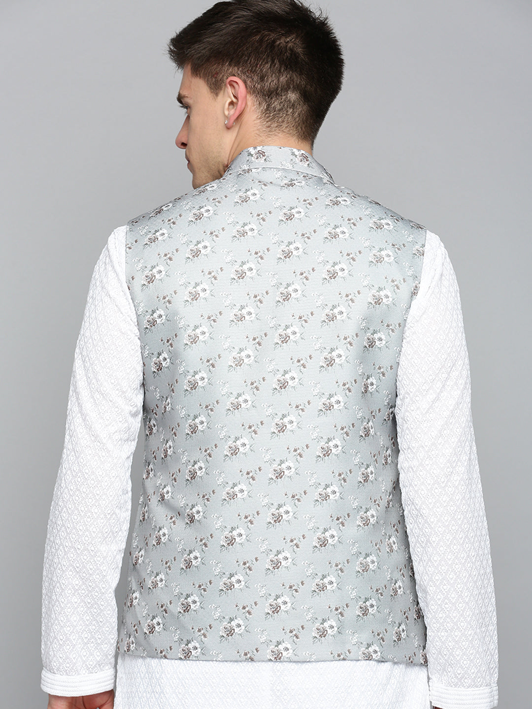 Men Mandarin Collar Printed Grey Nehru Jacket
