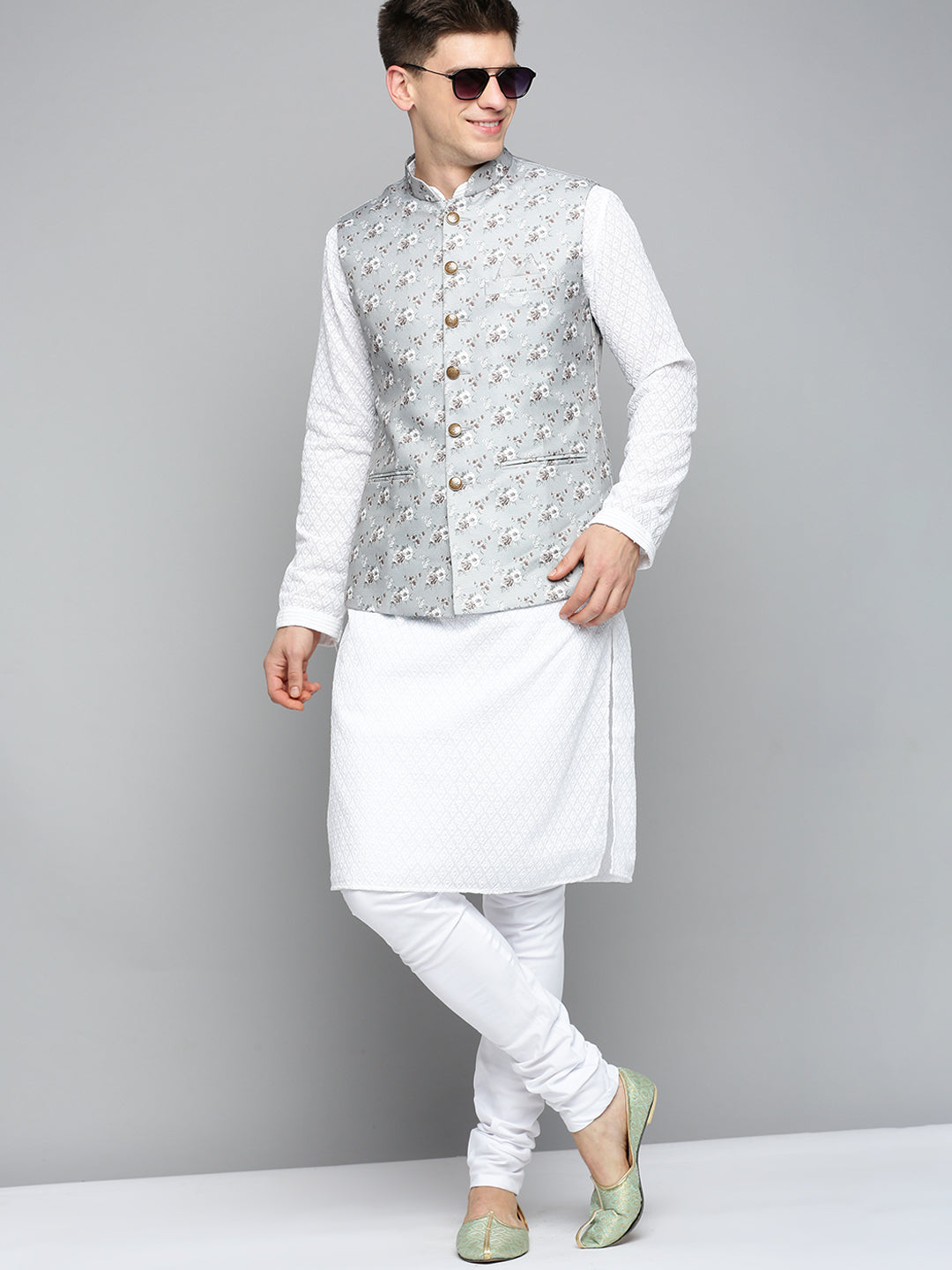 Men Mandarin Collar Printed Grey Nehru Jacket