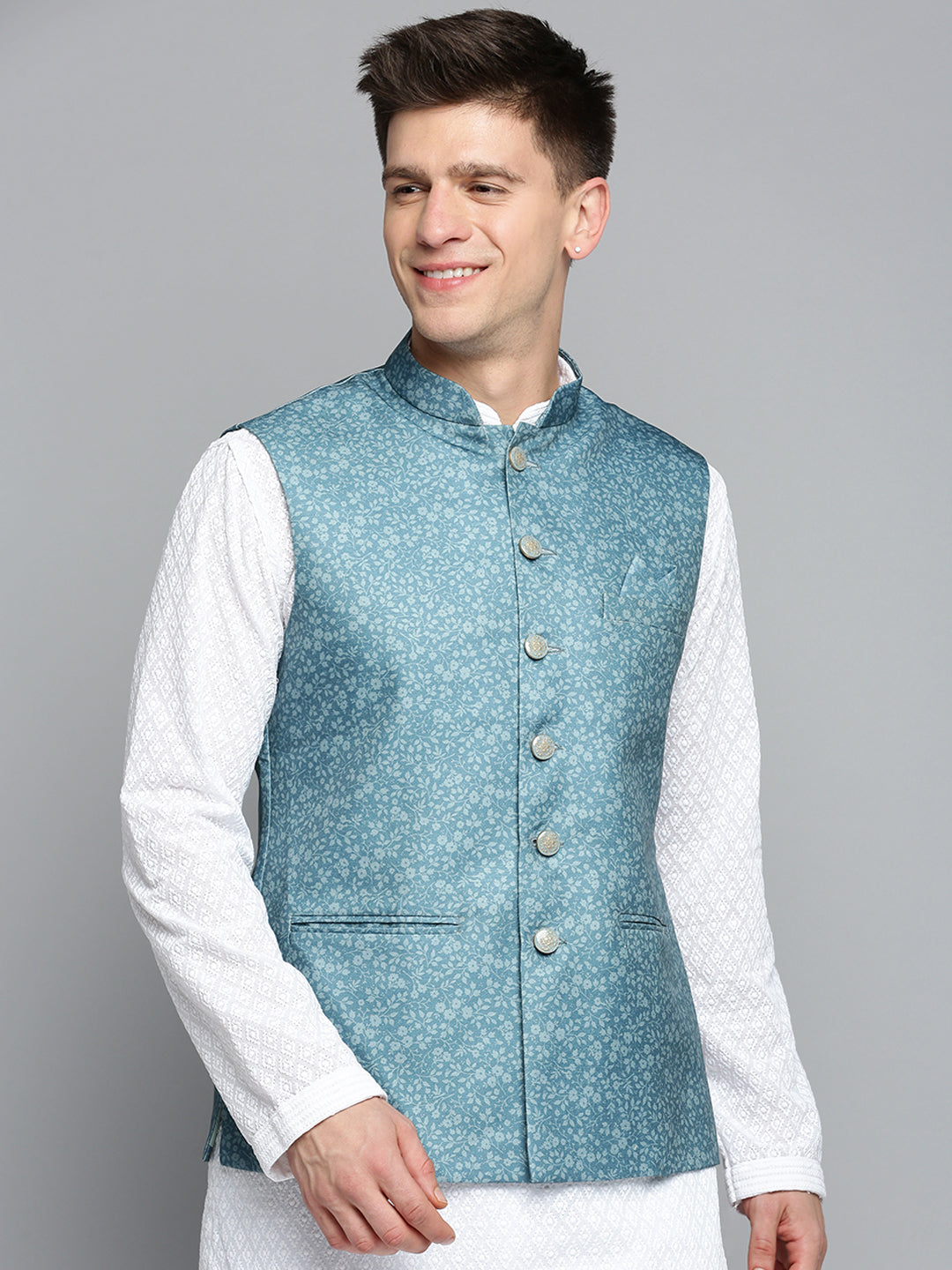 Men Mandarin Collar Printed Teal Nehru Jacket