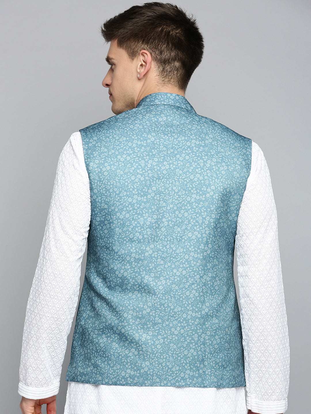 Men Mandarin Collar Printed Teal Nehru Jacket