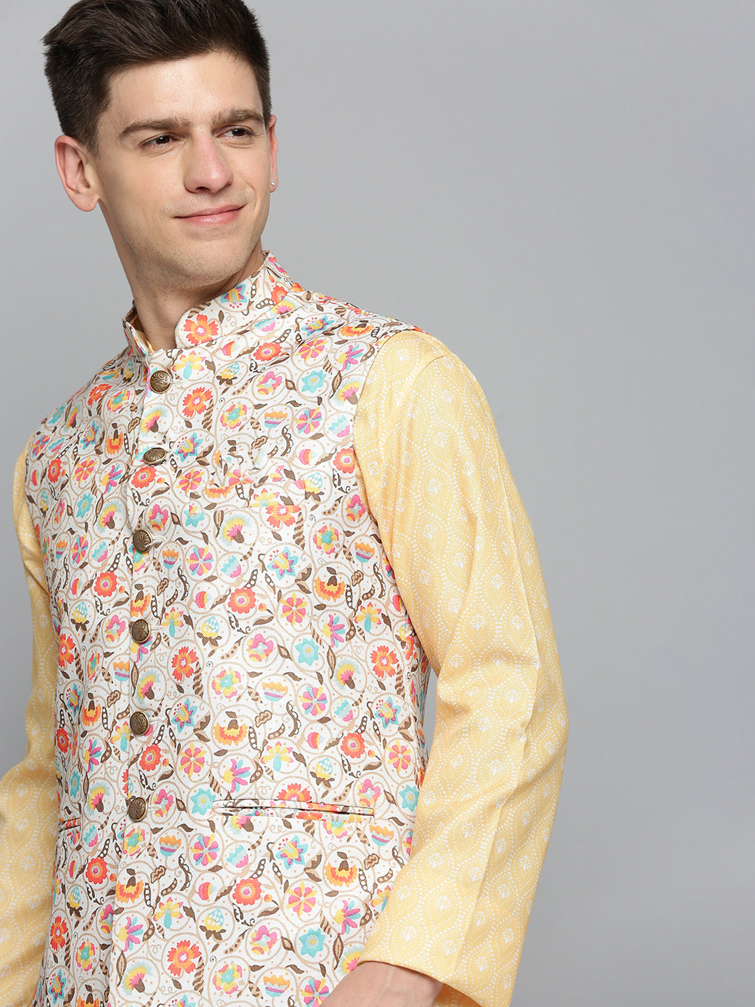 Men Mandarin Collar Printed Cream Nehru Jacket