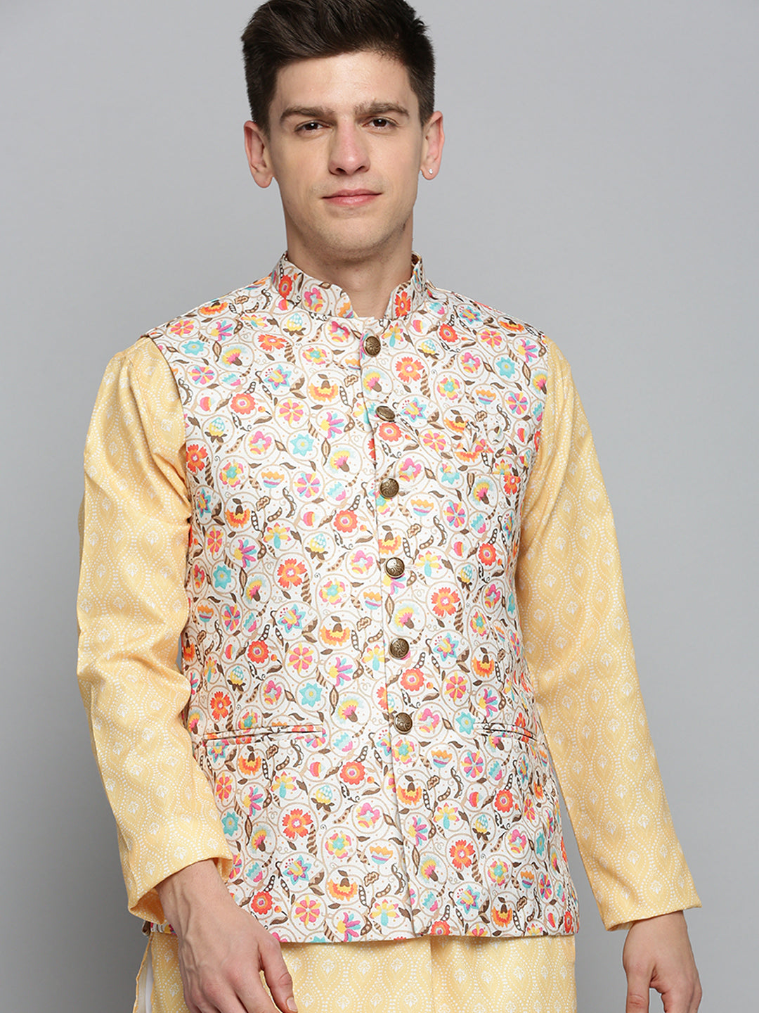 Men Mandarin Collar Printed Cream Nehru Jacket