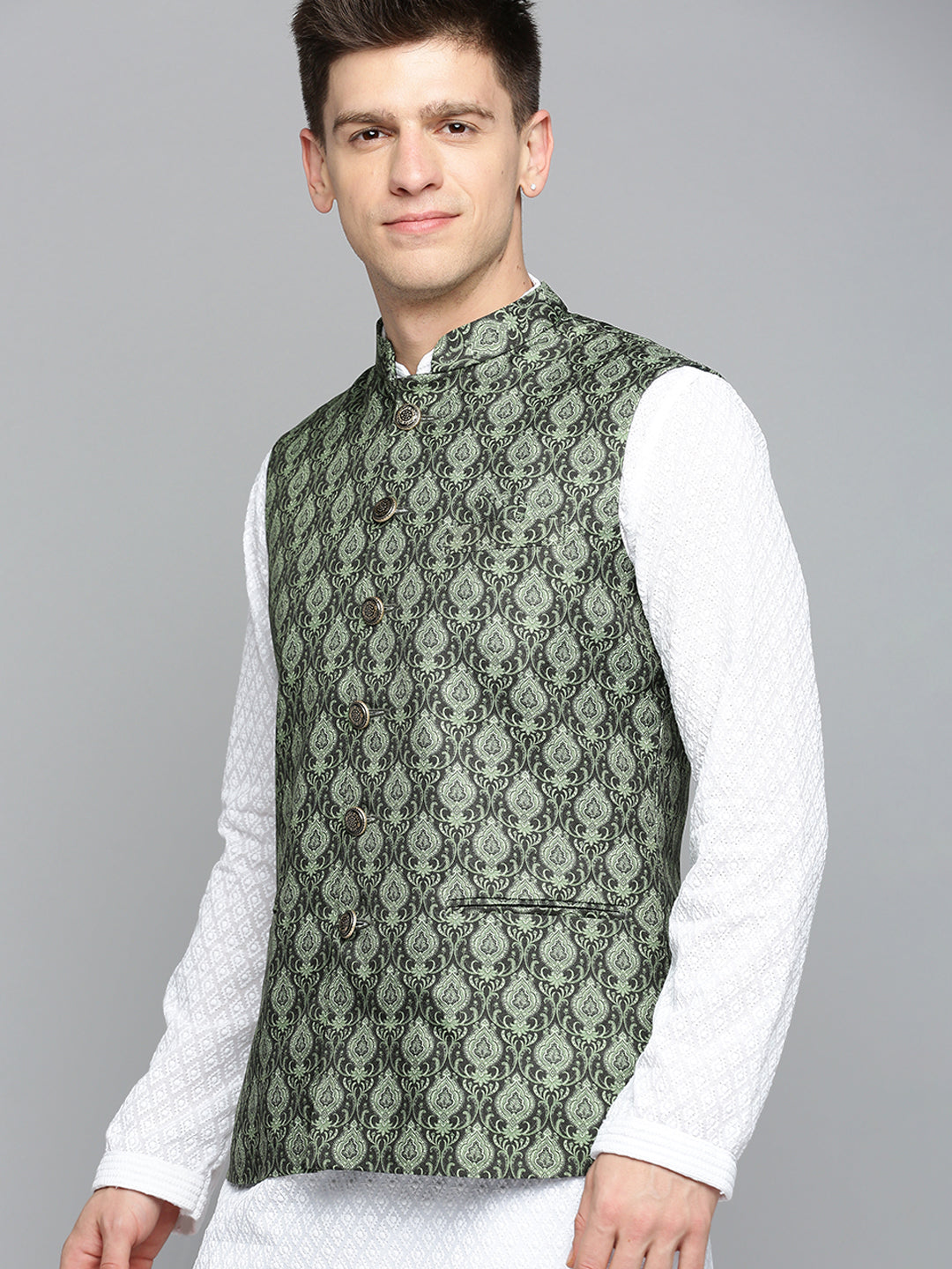 Men Mandarin Collar Printed Green Nehru Jacket