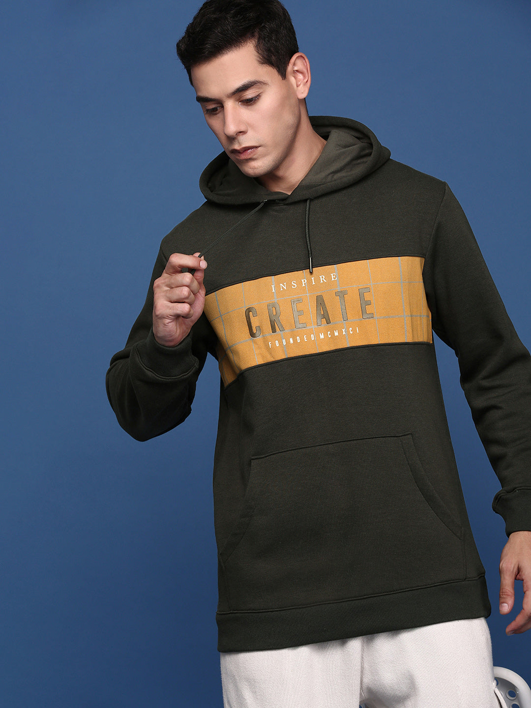 Men Hooded Printed Green Pullover