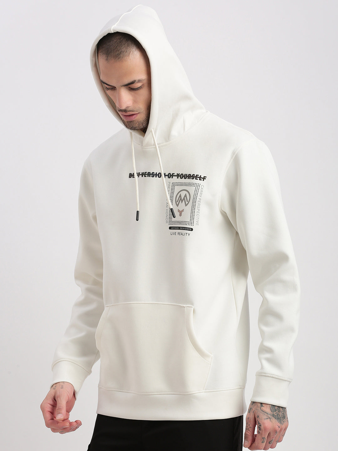 Men Off White Solid Hooded Pullover