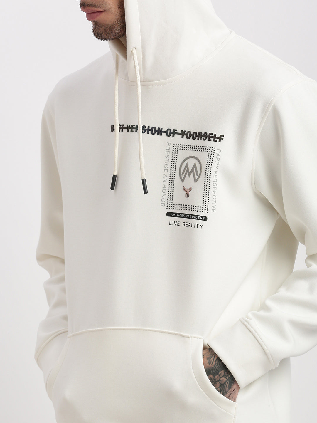 Men Off White Solid Hooded Pullover