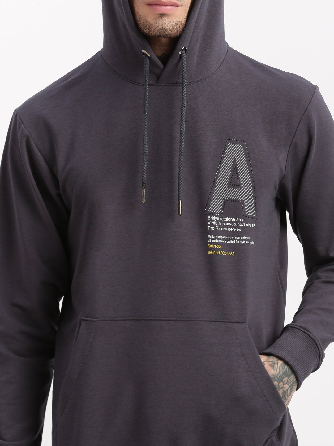 Men Grey Graphic Hooded Pullover