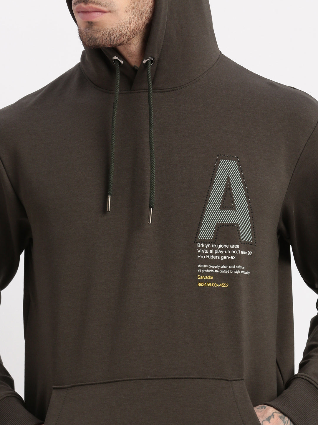 Men Olive Graphic Hooded Pullover