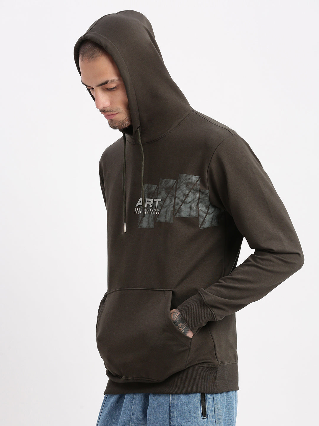 Men Green Graphic Hooded Pullover