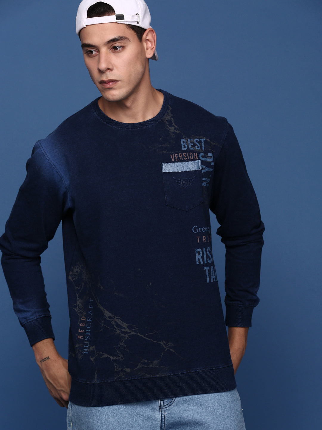 Men Round Neck Printed Navy Blue Pullover