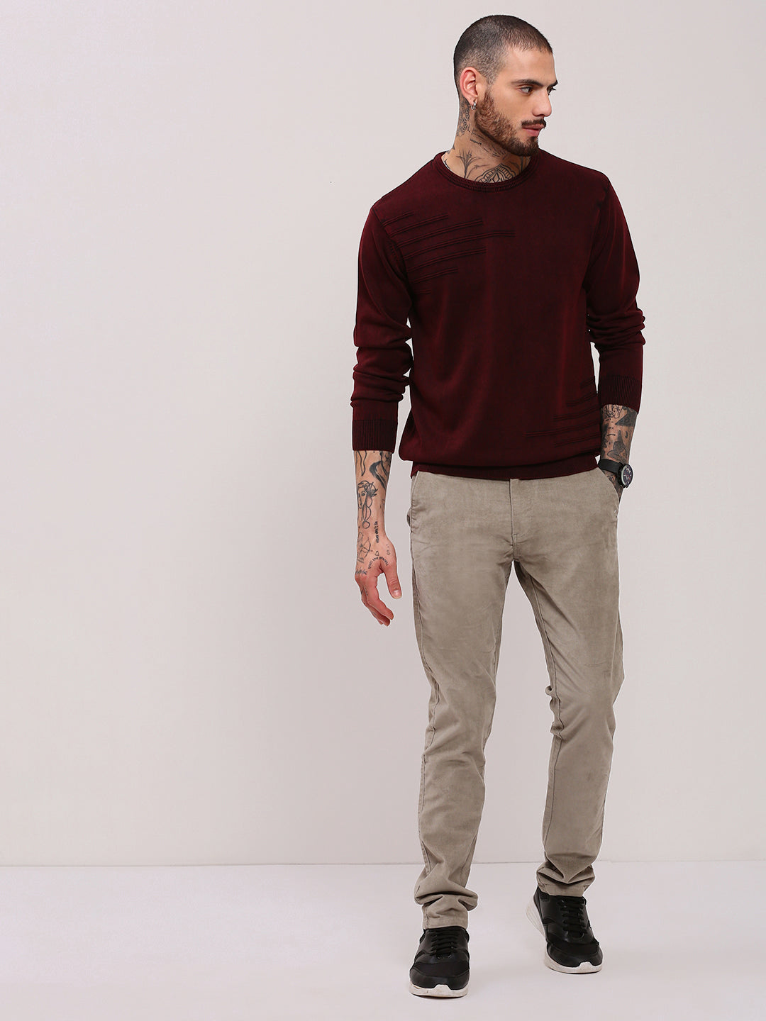 Men Maroon Solid Sweater