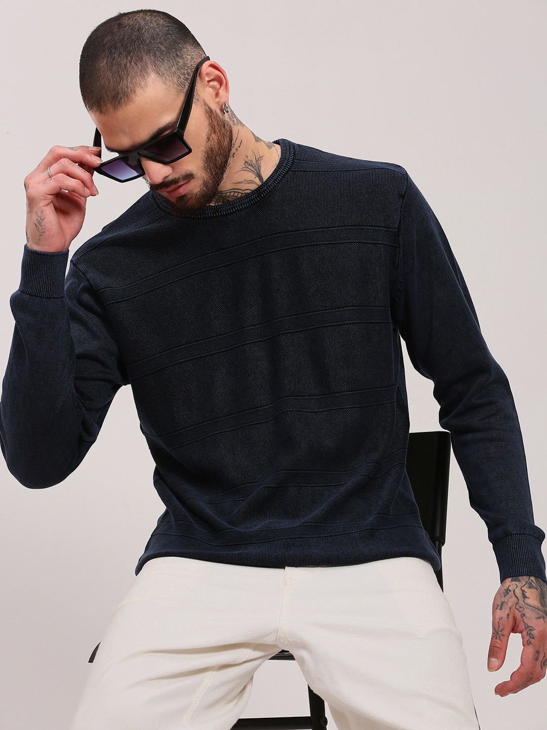 Men Navy Blue Solid Sweater