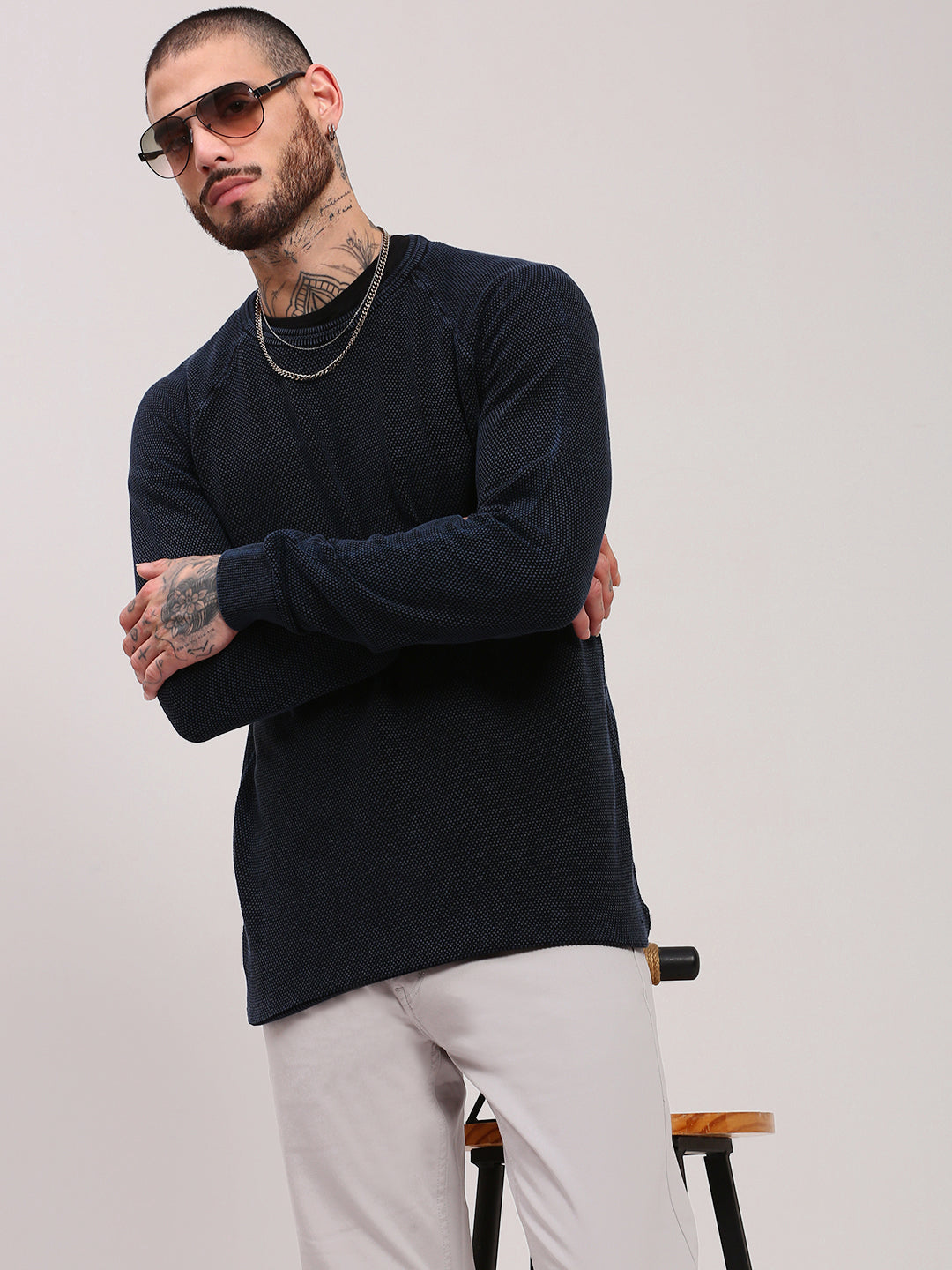 Men Navy Blue Solid Sweater