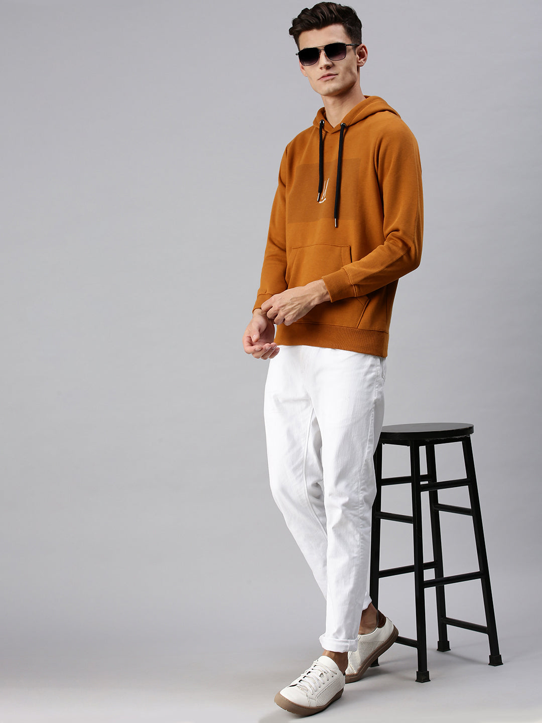 Men Hooded Solid Yellow Sweatshirt