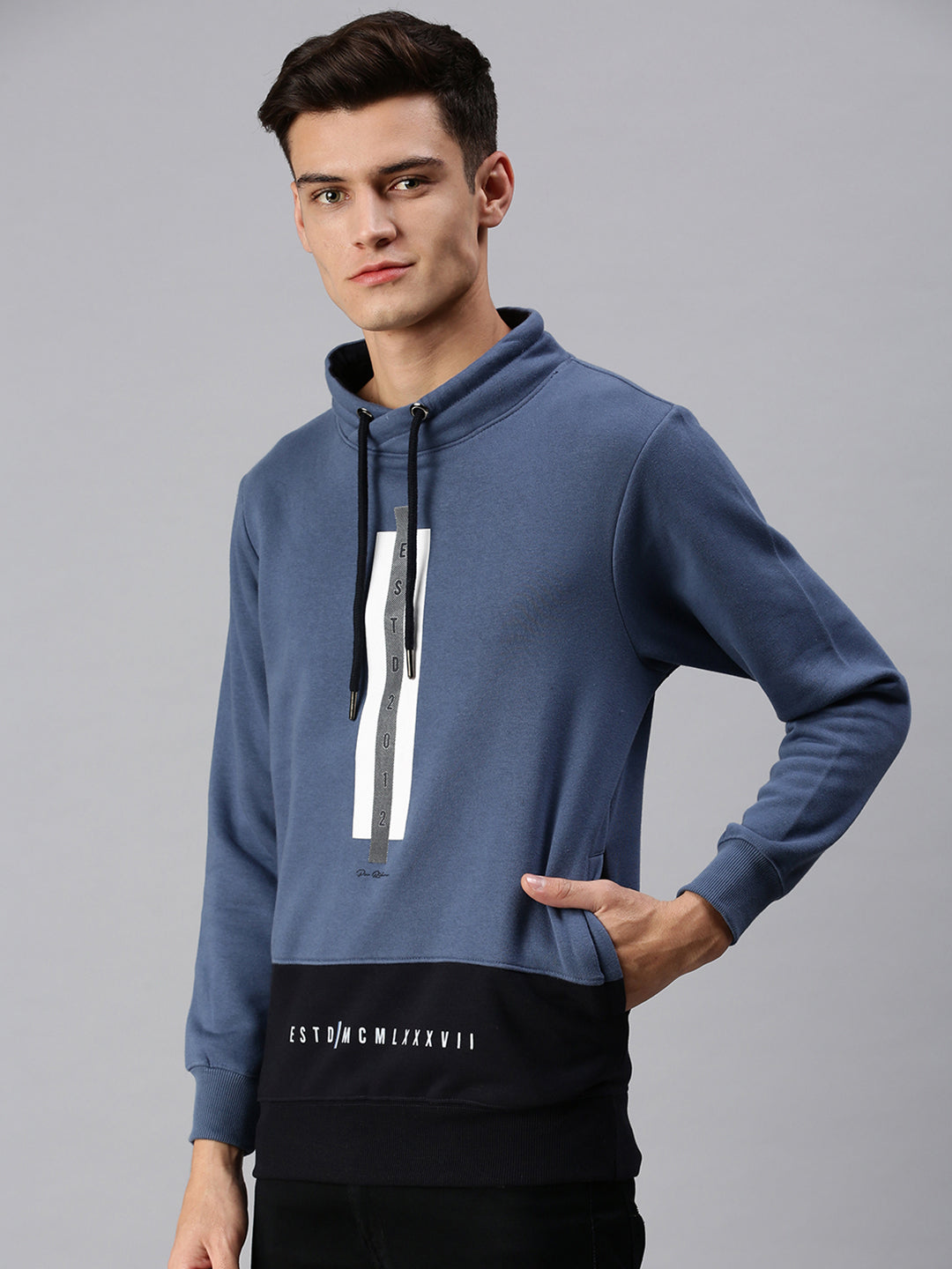 Men Hooded Solid Blue Sweatshirt