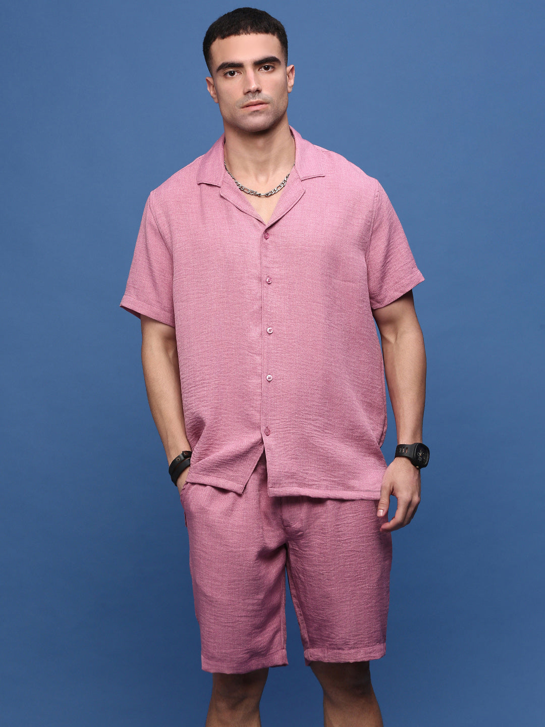 Men Peach Cuban Collar Solid Co Ords Set