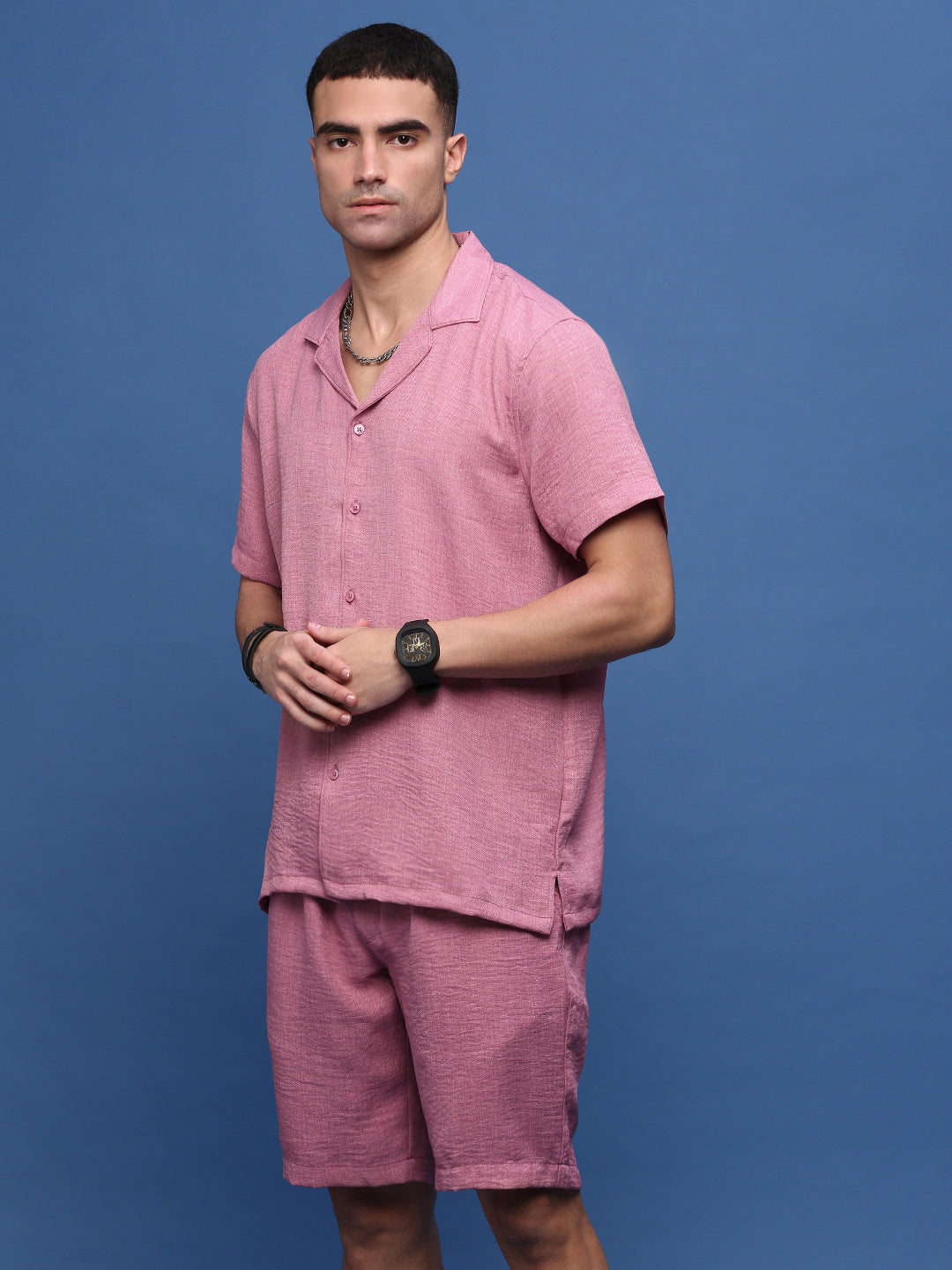 Men Peach Cuban Collar Solid Co Ords Set