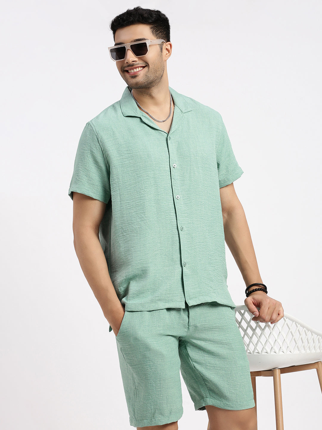 Men Green Solid Co Ords Set