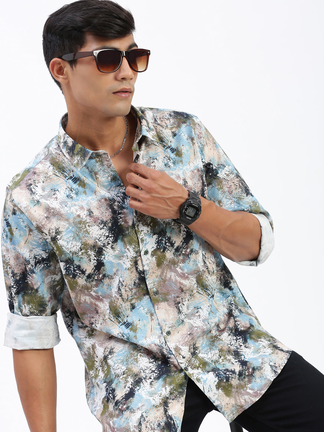 Men Abstract Green Slim Fit Shirt