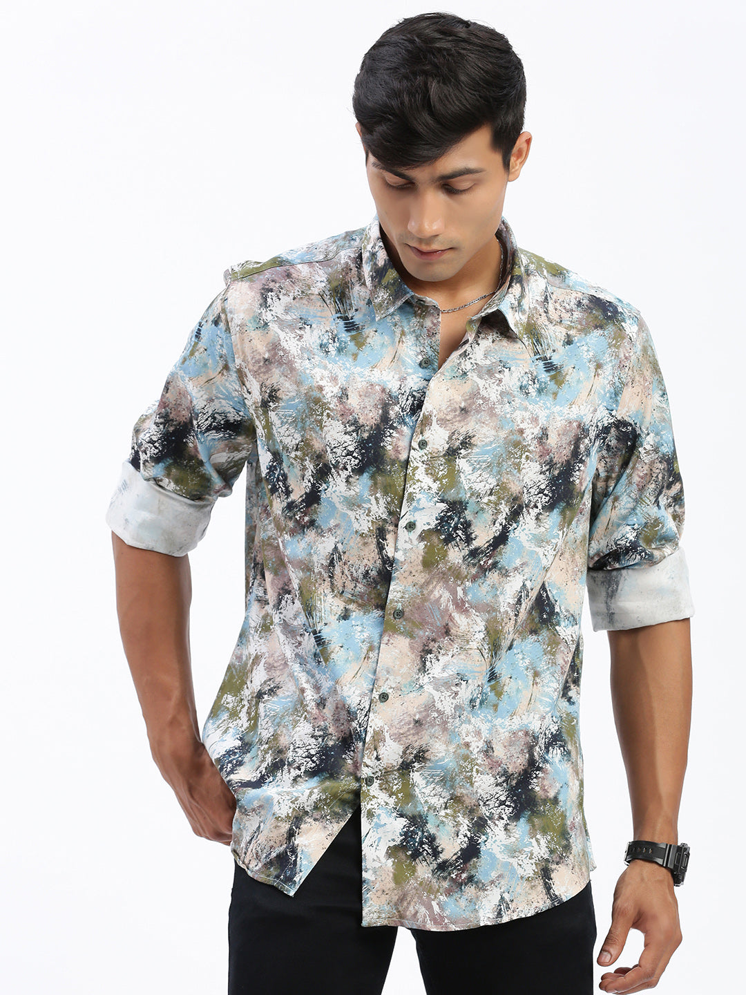 Men Abstract Green Slim Fit Shirt