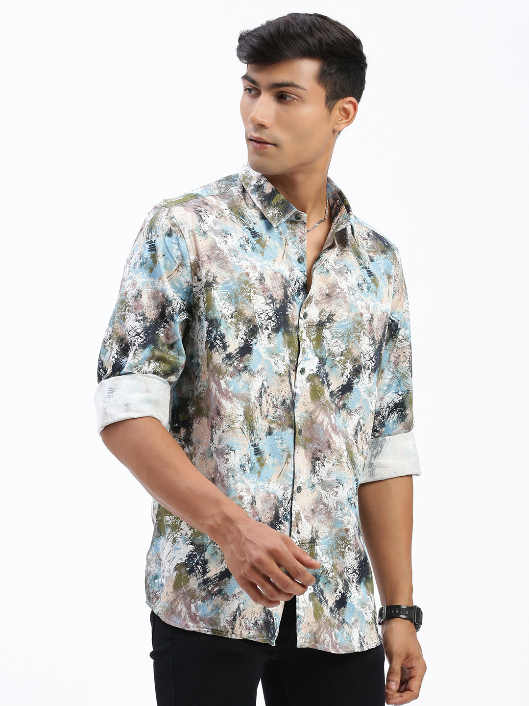 Men Abstract Green Slim Fit Shirt