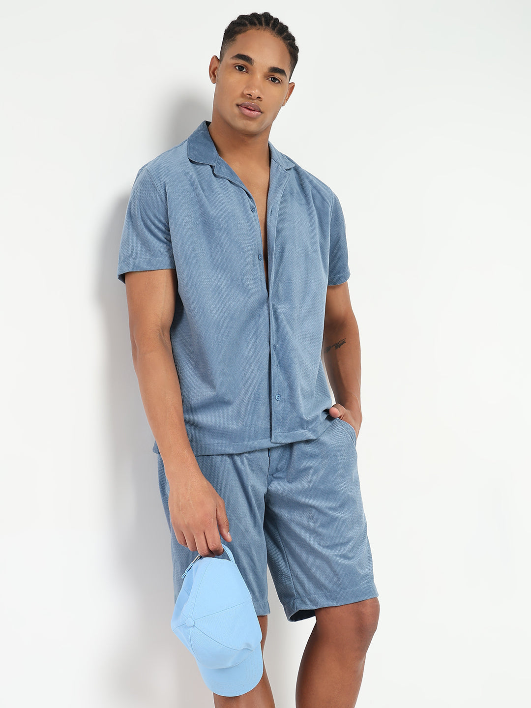 Men Blue Solid Co Ords Set