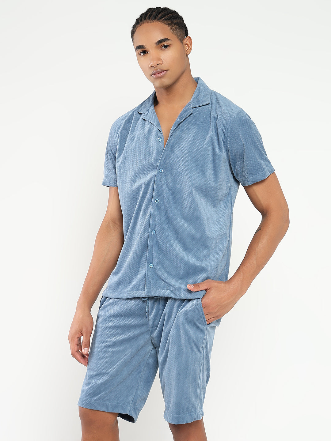 Men Blue Solid Co Ords Set