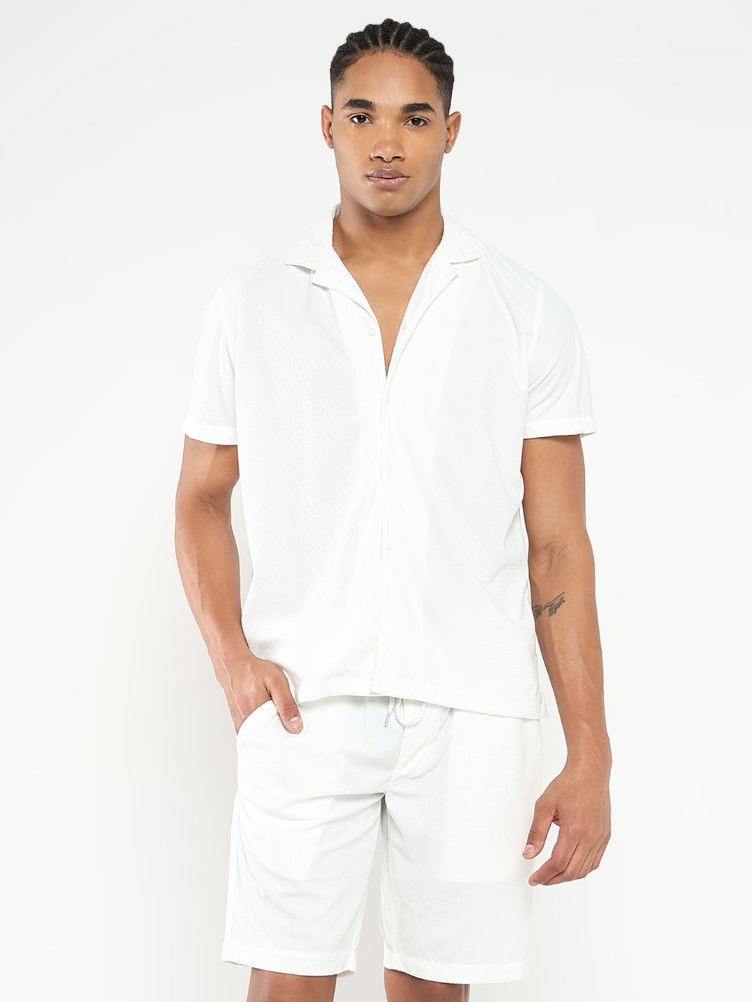 Men White Solid Co Ords Set