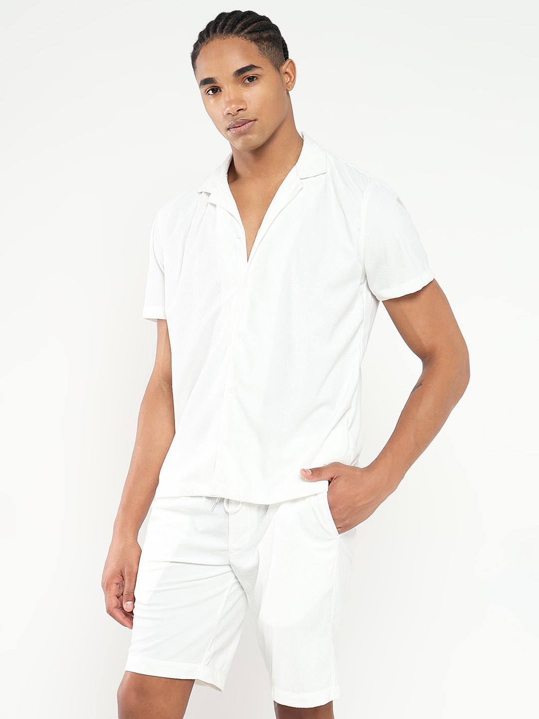 Men White Solid Co Ords Set