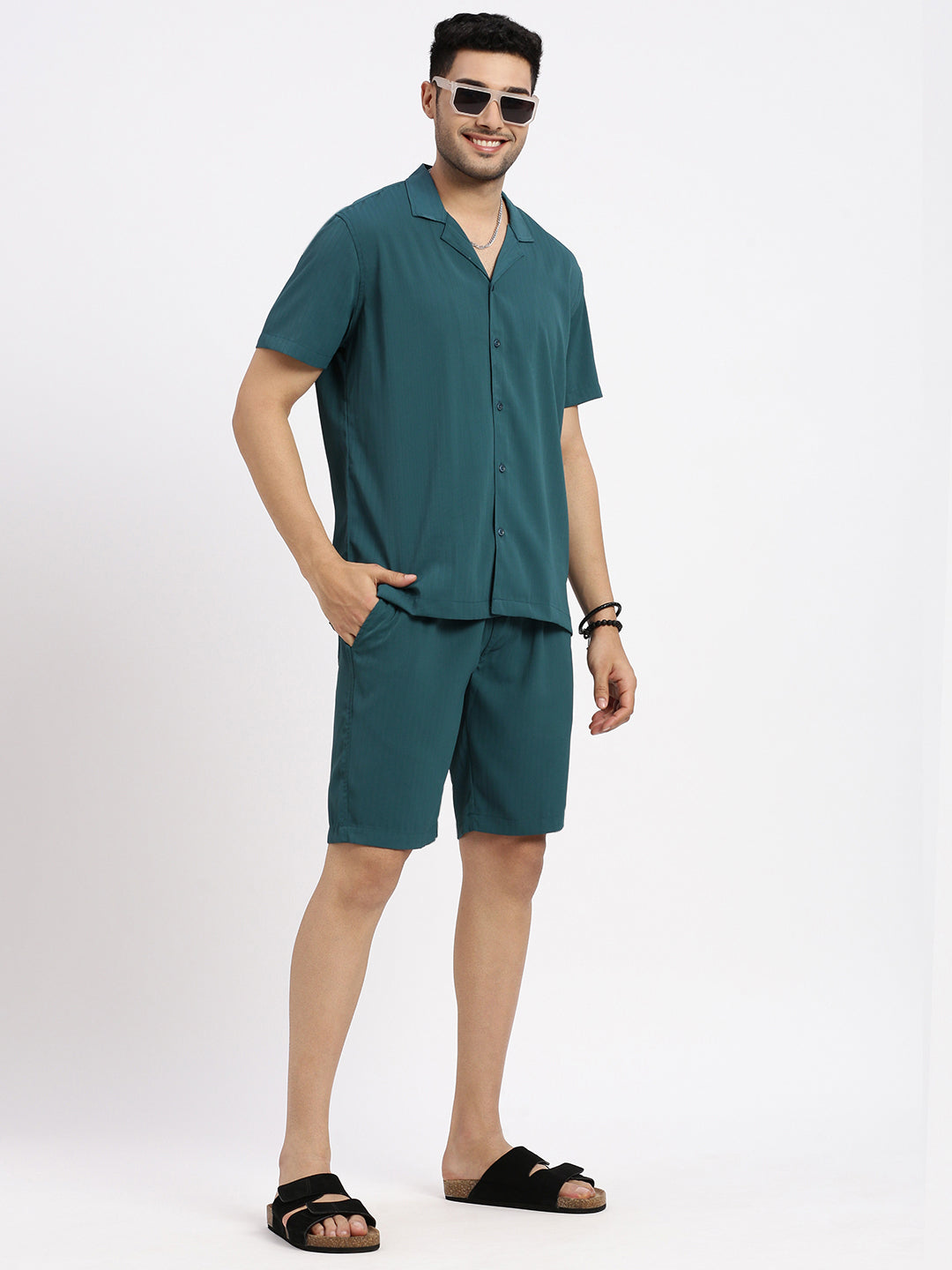 Men Teal Solid Co Ords Set