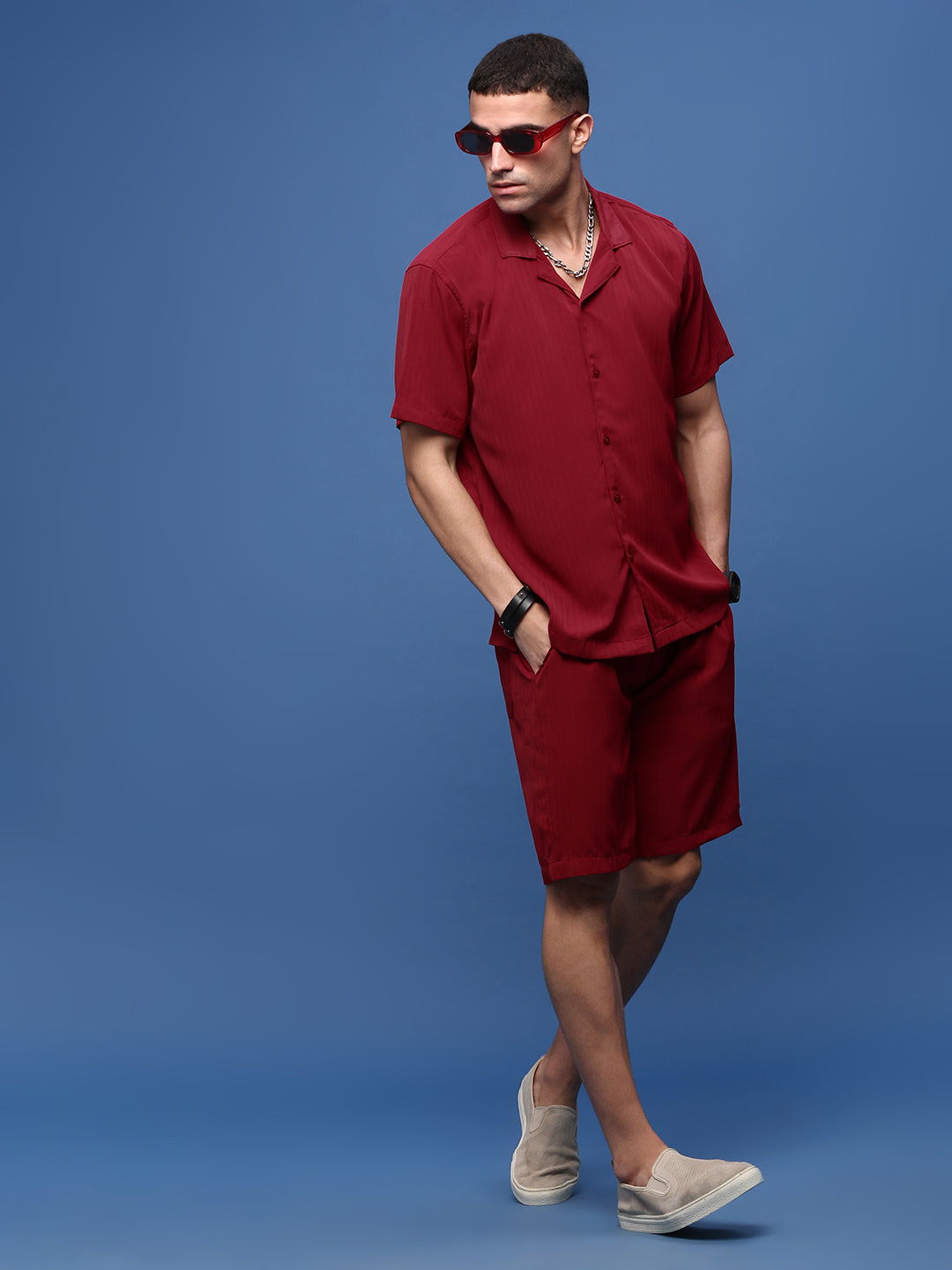 Men Red Cuban Collar Solid Co Ords Set