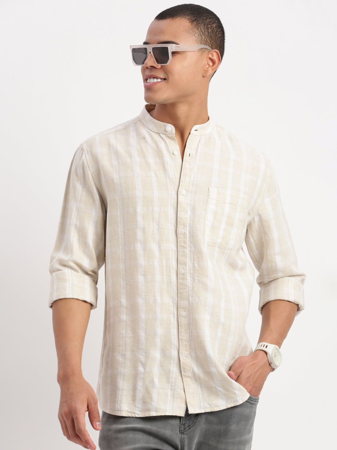 Men Mandarin Collar Vertical Stripes Cream Shirt