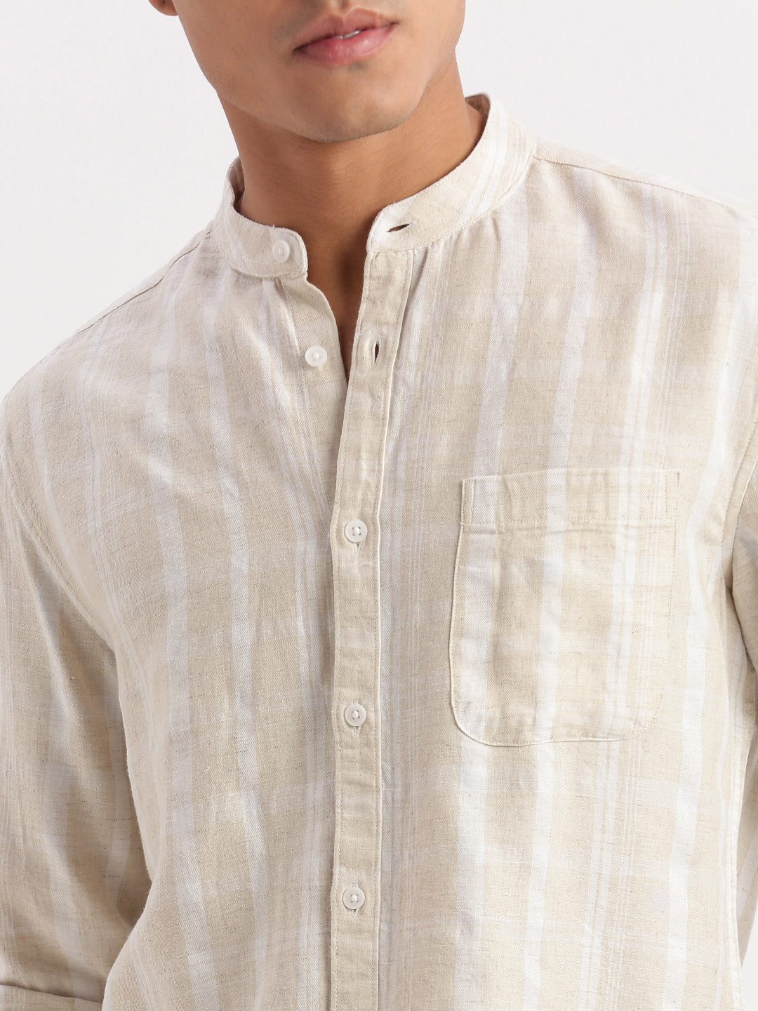 Men Mandarin Collar Vertical Stripes Cream Shirt