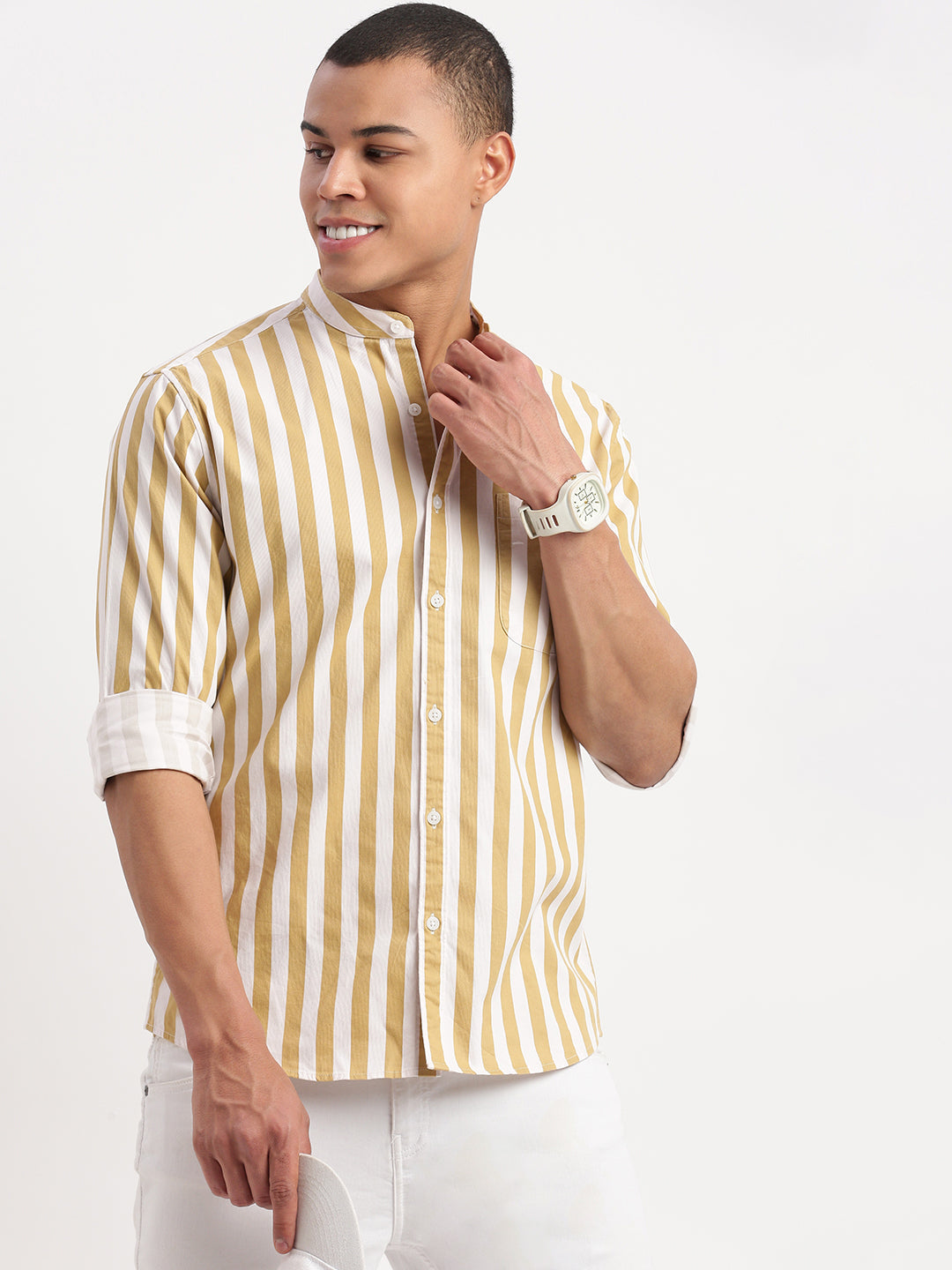 Men Mandarin Collar Vertical Stripes Khaki Shirt