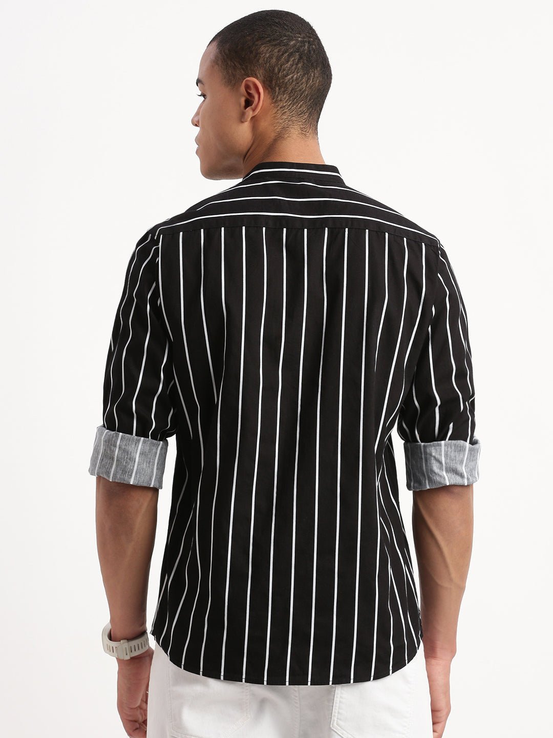 Men Mandarin Collar Vertical Stripes Black Shirt