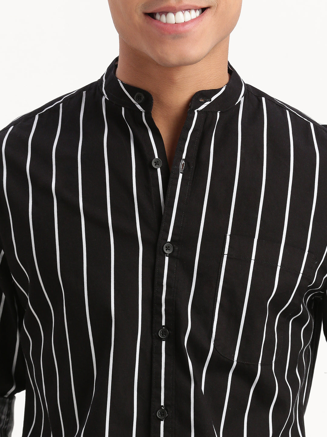Men Mandarin Collar Vertical Stripes Black Shirt
