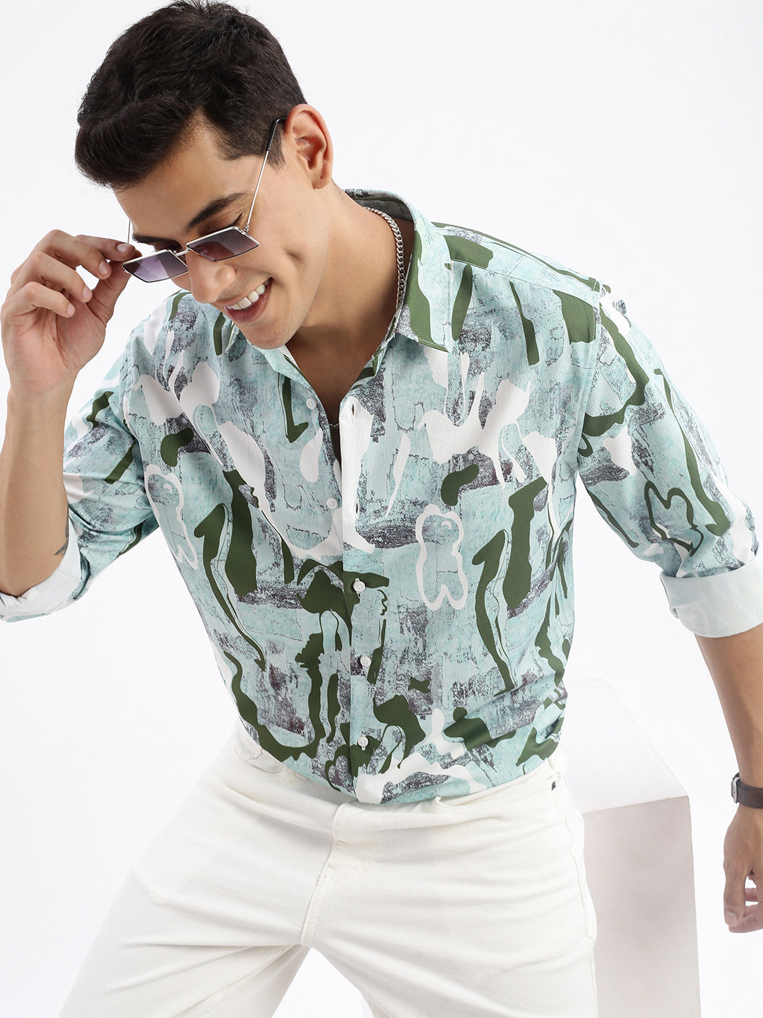 Men Spread Collar Abstract Slim Fit Sea Green Shirt