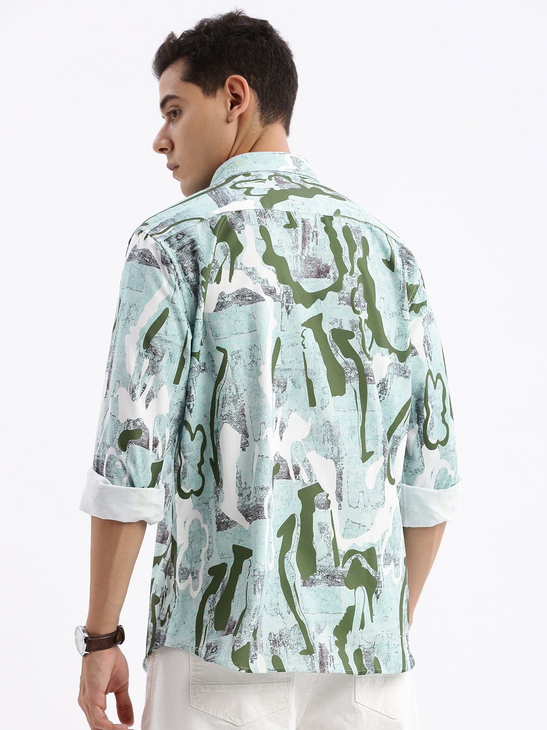 Men Spread Collar Abstract Slim Fit Sea Green Shirt