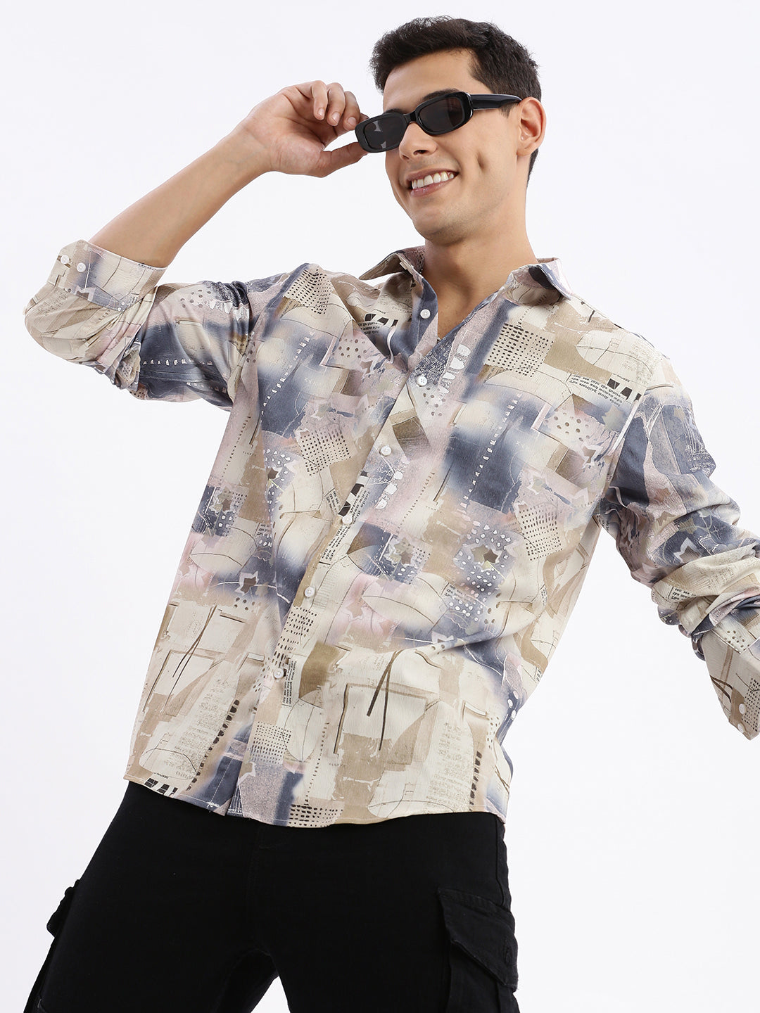 Men Spread Collar Abstract Slim Fit Multi Shirt